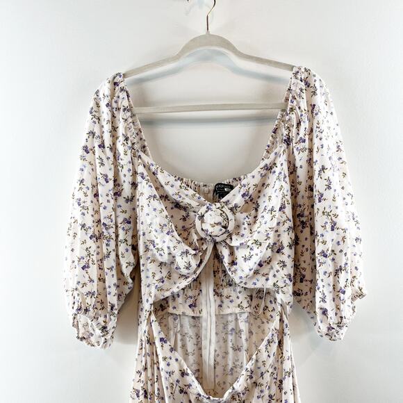 MINKPINK Hailey Floral Puff Sleeve Cutout Midi Dress White Purple XL - Picture 5 of 16